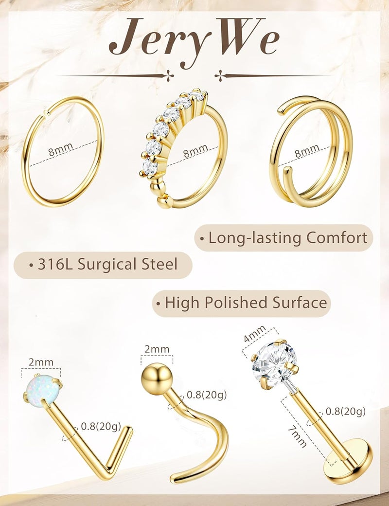 JeryWe Nose Rings for Women - 14K Gold Filled Hypoallergenic Surgical Steel Nose Ring Hoops CZ Lip Ring Screw L Shaped Studs Threadless Flat Back Stud Nose Piercings Jewelry for Women Men - Image 5